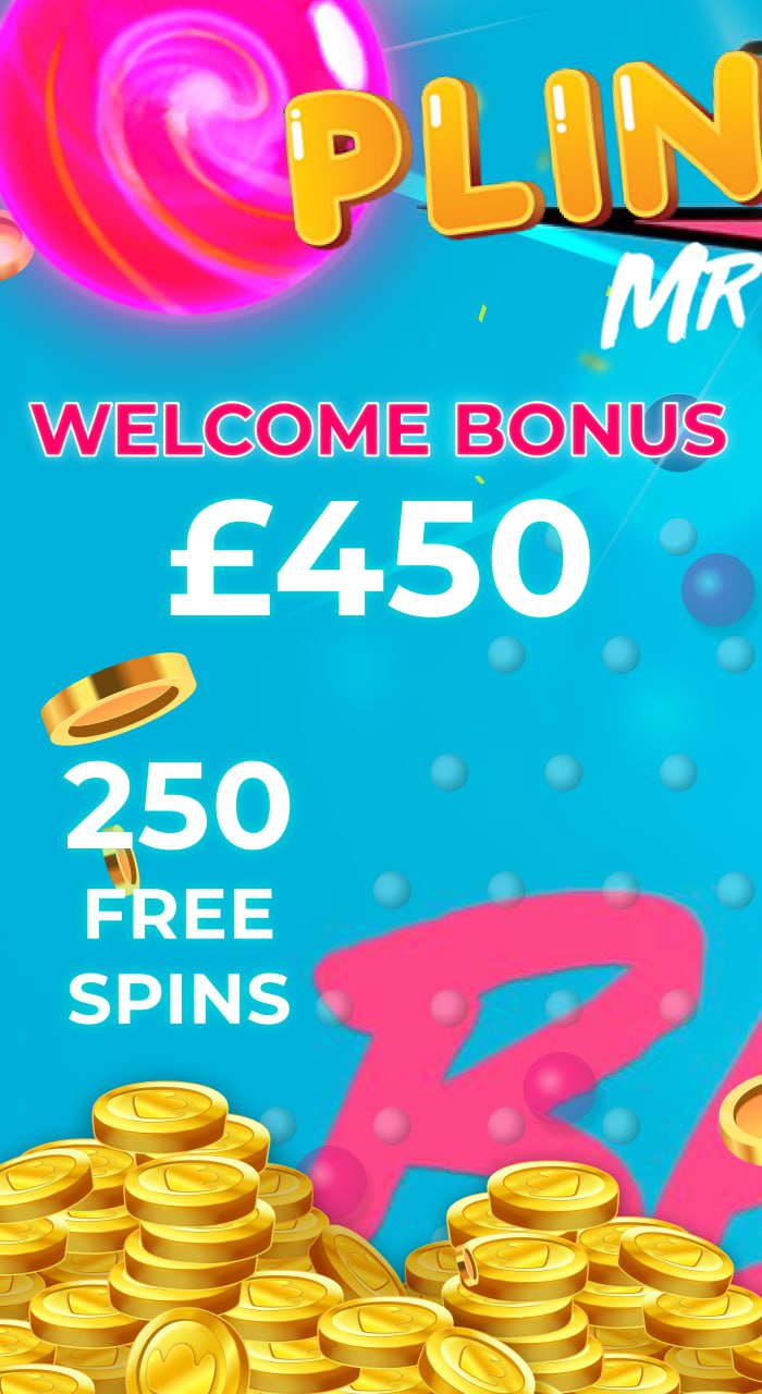 Promotional banner for MrBeast Plinko featuring a welcome bonus of £450 and 250 free spins, with gold coins and vibrant pink and blue graphics.