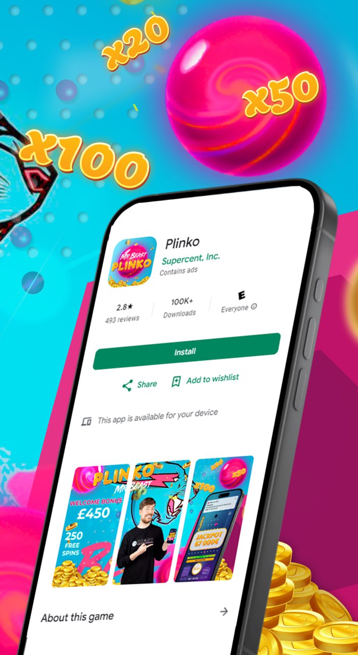 Screenshot of the MrBeast Plinko app on the Google Play Store, showing the app icon, download count, and promotional images with colorful designs and gameplay highlights.